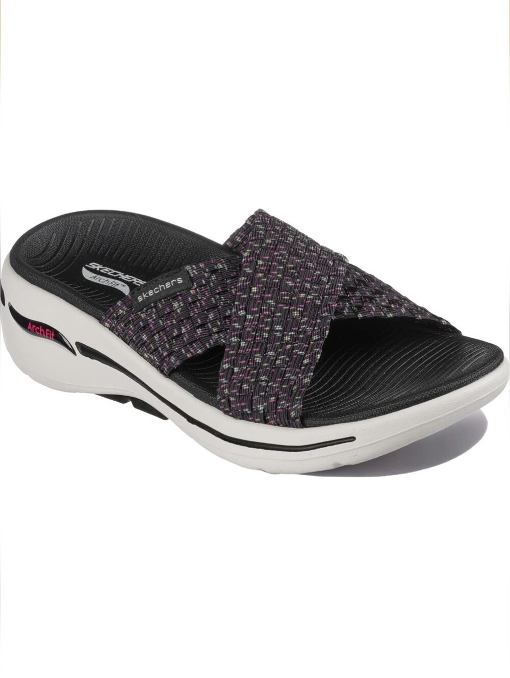 Skechers Women's Black and Purple Crossband Slide Sandals